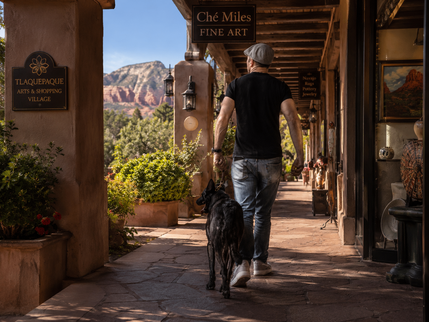 Trainer and black shepherd walking calmly through Tlaquepaque in Sedona