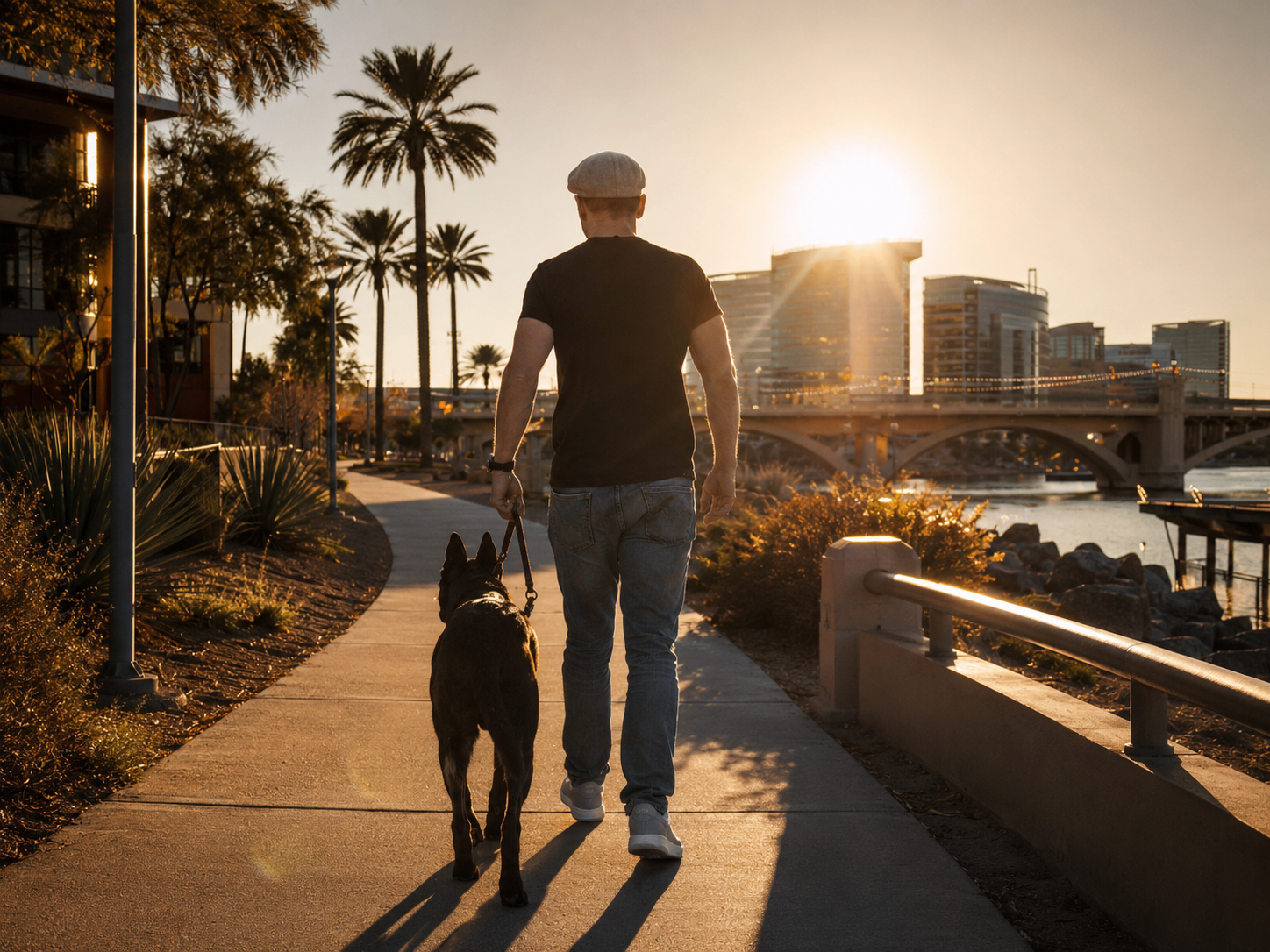 Trainer and black shepherd on a focused sunset walk along Tempe Town Lake