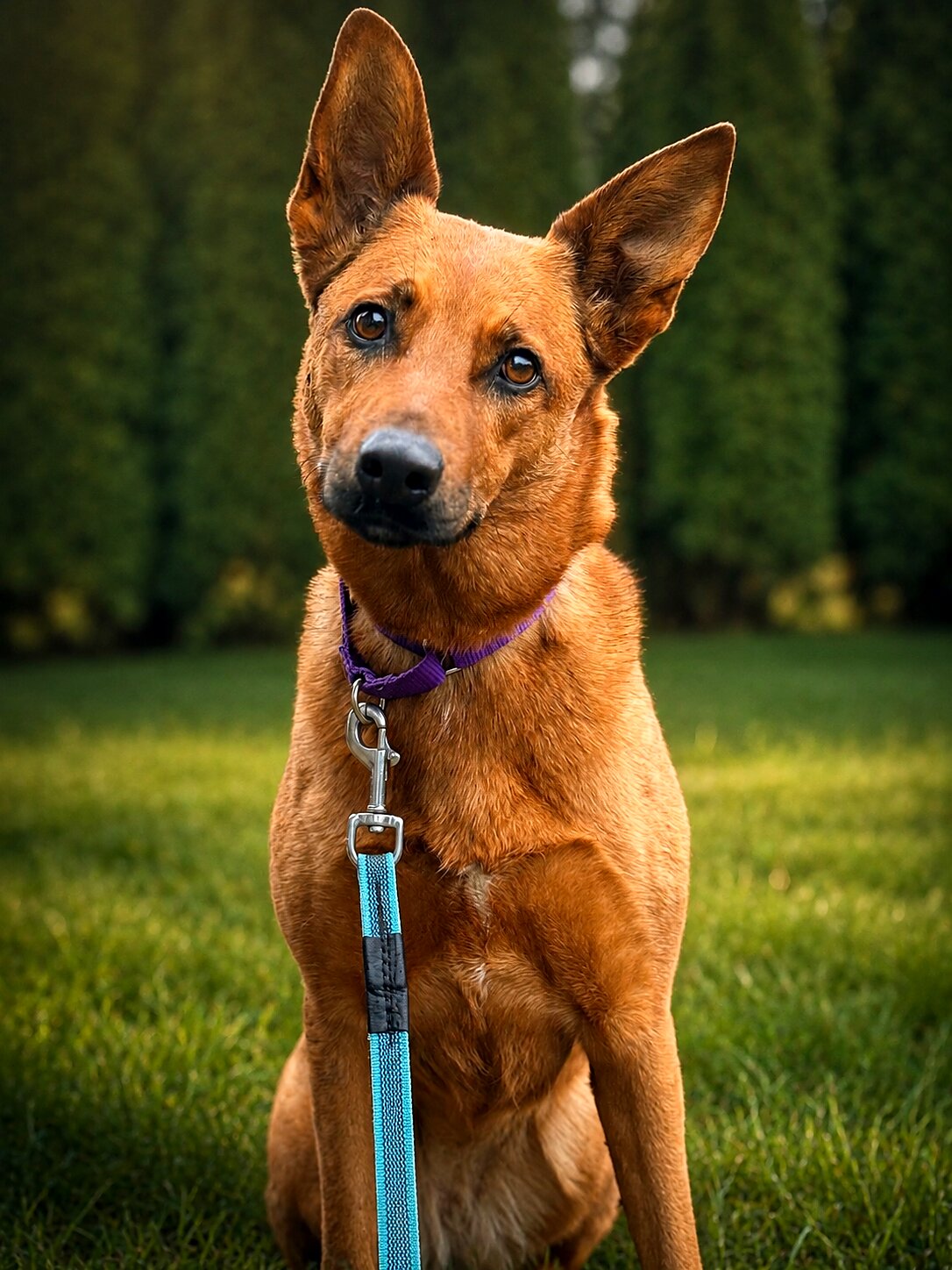 Calm, attentive rescue mix sitting on leash on the lawn